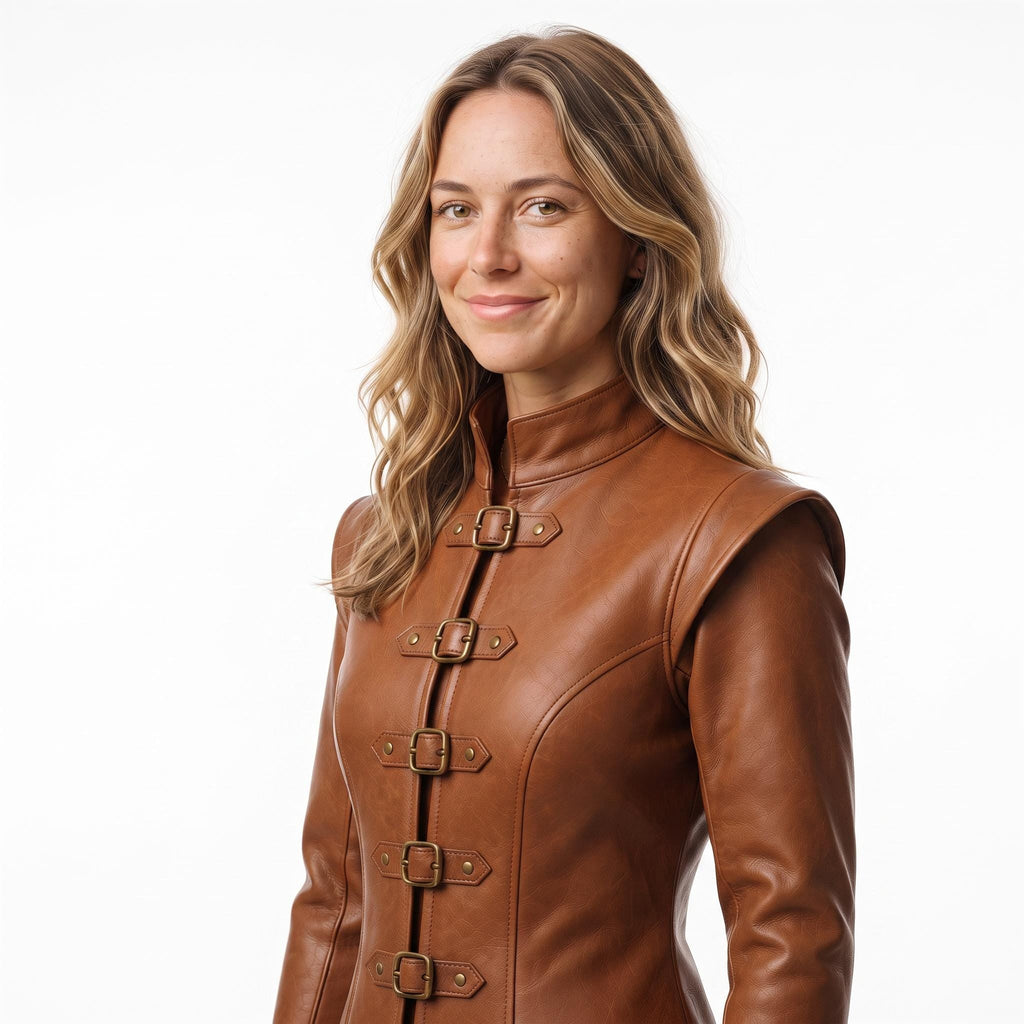 Handmade Cognac Leather Doublet Jacket | Medieval Sword Detail, Renaissance Cosplay