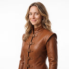 Handmade Cognac Leather Doublet Jacket | Medieval Sword Detail, Renaissance Cosplay