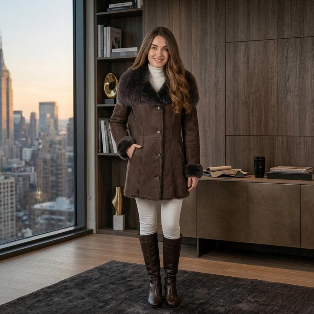 Women's Brown Shearling Leather Jacket, Faux Fur Collar Winter Coat