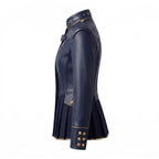Navy Blue Leather Peplum Jacket: Victorian Military Officer Style Blazer