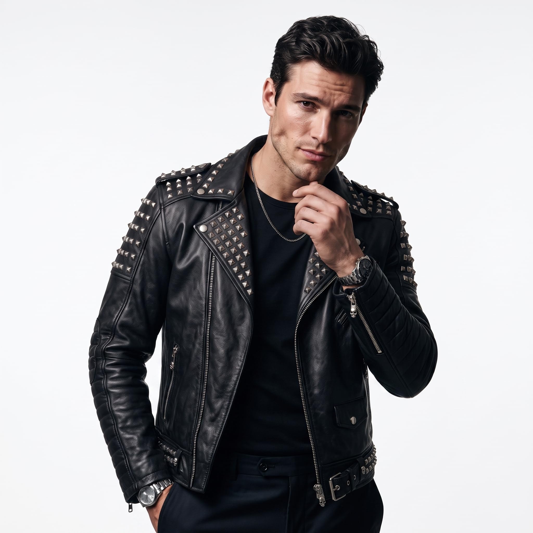 Timber&Hide Handmade Men's Black Leather Studded Biker Jacket | Custom Demon Skull Punk Rock Design
