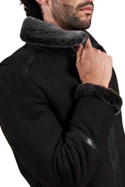 Timber&Hide Peter Black Suede Lamb Shearling Biker Jacket with Buckle Collar – Suede Shearling Jacket