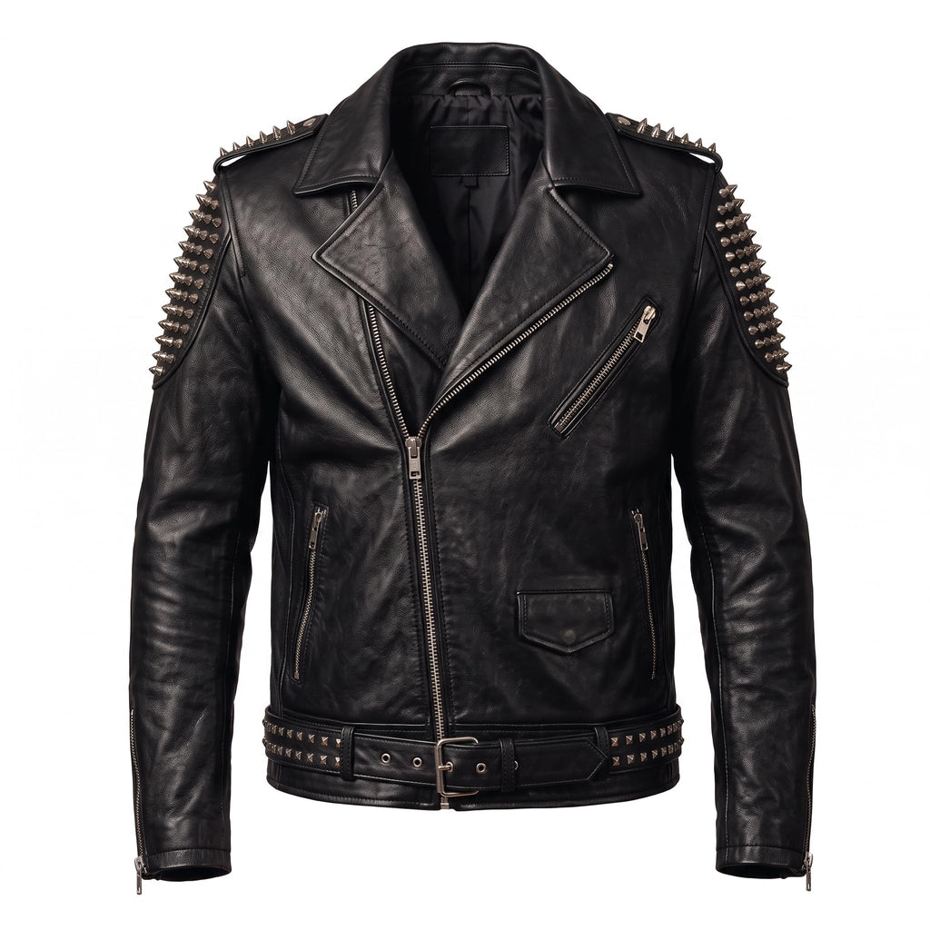 Timber&Hide Men's Crimson red Leather Biker Jacket | Studded Punk Rock Demon Skull Design