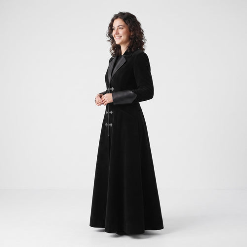 Black Velvet Victorian Coat | Genuine Leather Trim, Medieval Fantasy Jacket