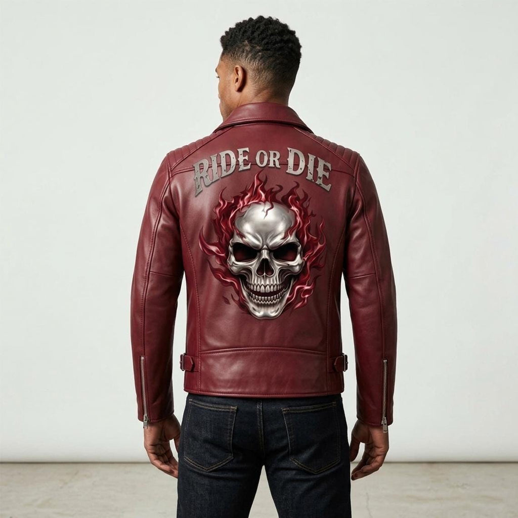 Ghost Rider Inspired Crimson Red Leather Biker Jacket | Flaming Skull Graphic, Ride or Die