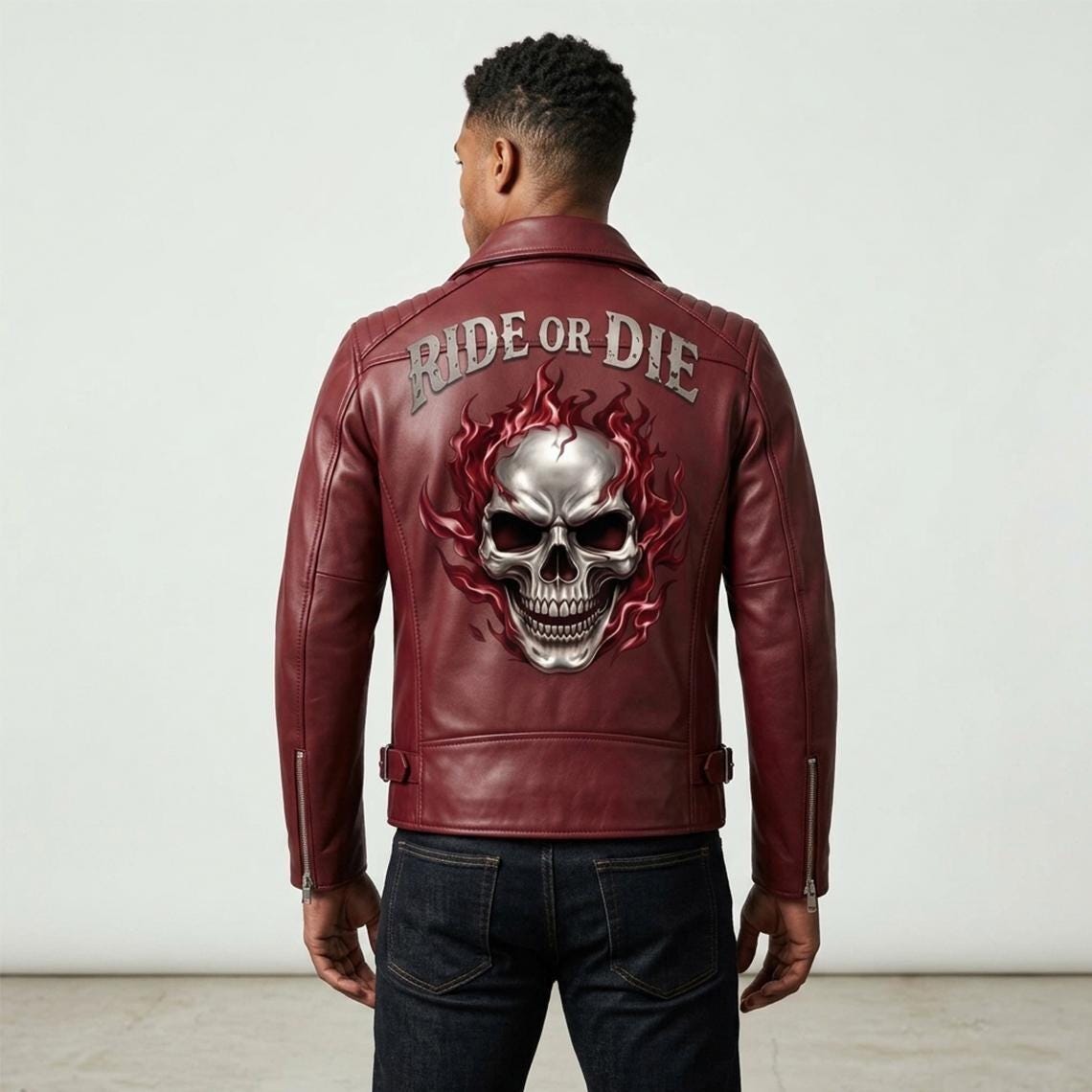Ghost Rider Inspired Crimson Red Leather Biker Jacket | Flaming Skull Graphic, Ride or Die