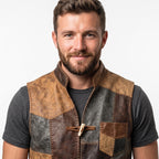 Timber&Hide Men's Patchwork Leather Vest|Handmade Genuine Leather Vest|Vintage Patch Leather Vest|Rustic Biker Motorcycle Vest