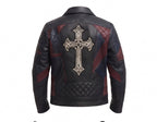 Timber&Hide Men’s Black Leather Biker style Moto jacket with Cross Design Gothic Punk Motorcycle Style