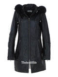 Women's Detachable Fur Hood 3/4 Leather Jacket.