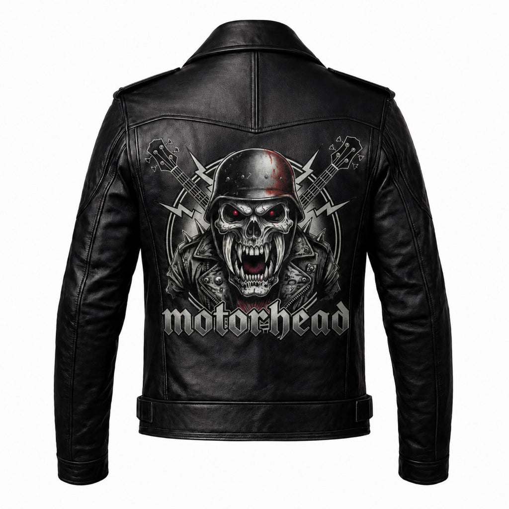 Motorhead Inspired Skull Print Leather Biker Jacket – Men's Gothic Rock Rider Coat