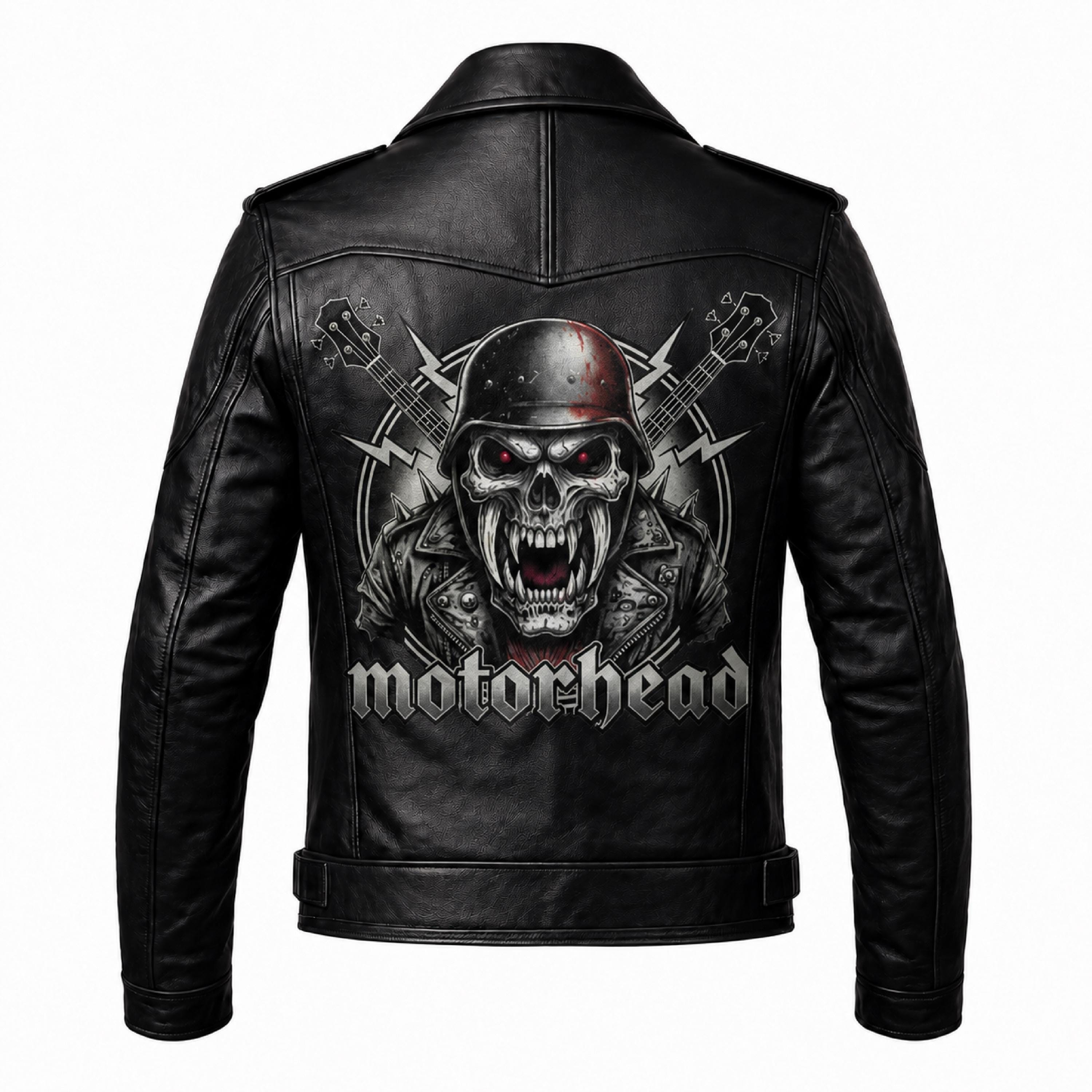 Motorhead Inspired Skull Print Leather Biker Jacket – Men's Gothic Rock Rider Coat