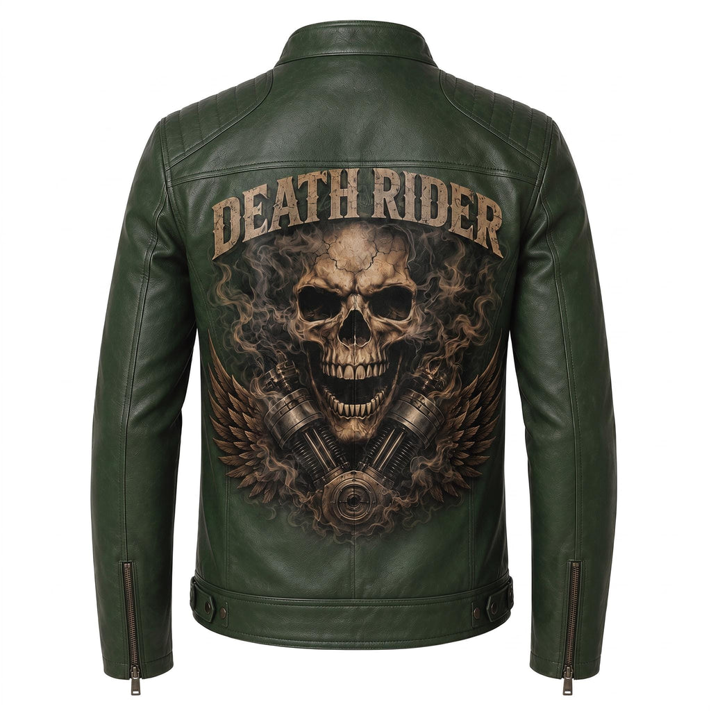 Men's Skull Motorcycle Leather Jacket, Biker Rider Coat, Gothic Punk Streetwear Green
