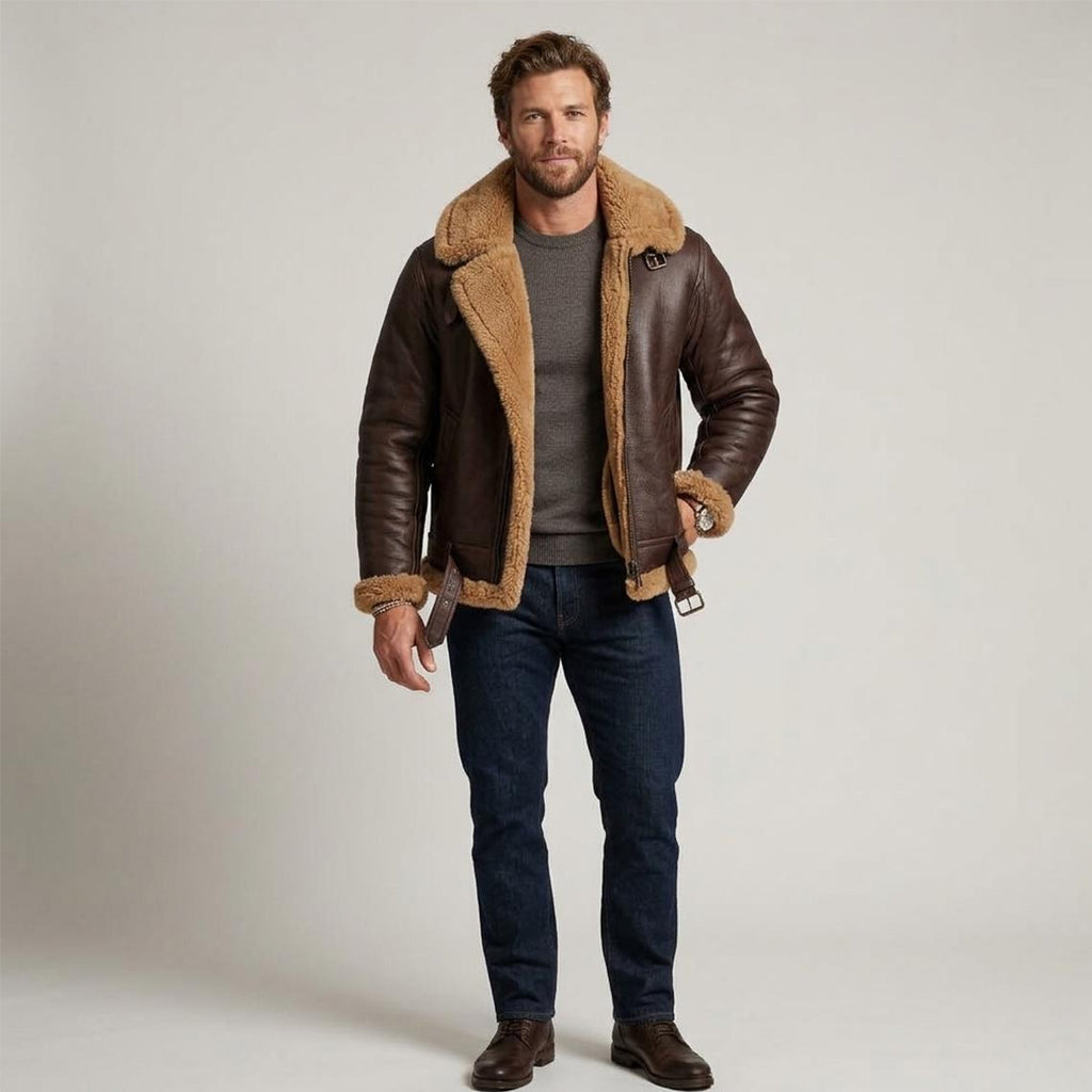 Men's Brown B3 Shearling Aviator Jacket | Genuine Sheepskin Leather Bomber Coat