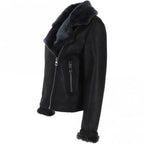 Black Crinkled Leather Aviator Jacket, Plush Shearling Trim Bomber