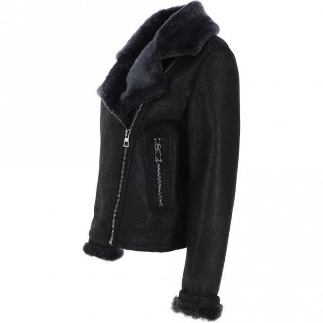 Black Crinkled Leather Aviator Jacket, Plush Shearling Trim Bomber