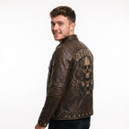 Men's Embossed Leather Motorcycle Jacket, Skull Biker Moto Coat, Gothic Punk Streetwear Gear