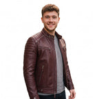Brown Leather Biker Jacket with Sword Flame Graphic – Moto Punk Streetwear Coat