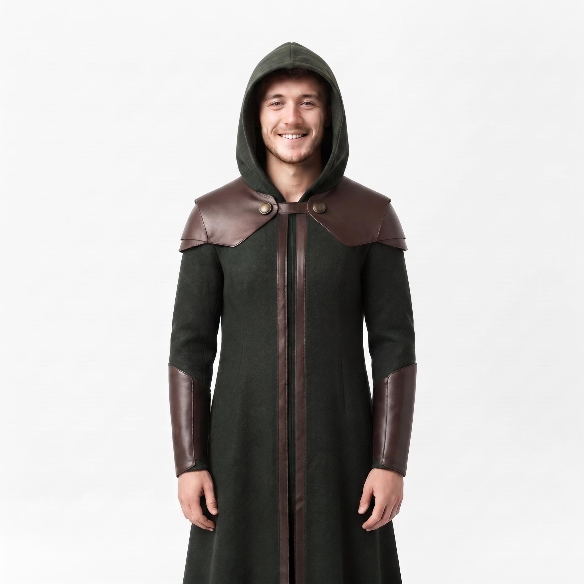 Doctor Doom Inspired Wool Coat with Leather Armor, Hooded Fantasy Cosplay Jacket