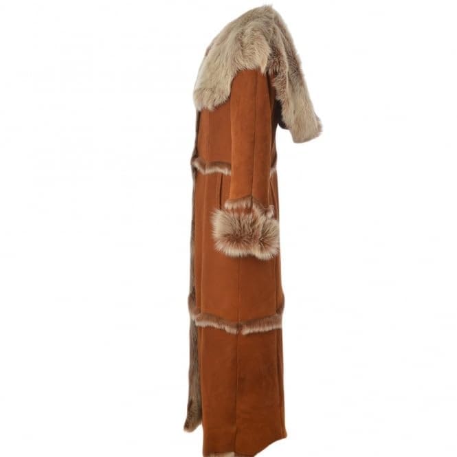 Women’s Premium Full-Length Suede Leather Coat with Full Fur Interior | women long length sheepskin coat brown, Tan and Black
