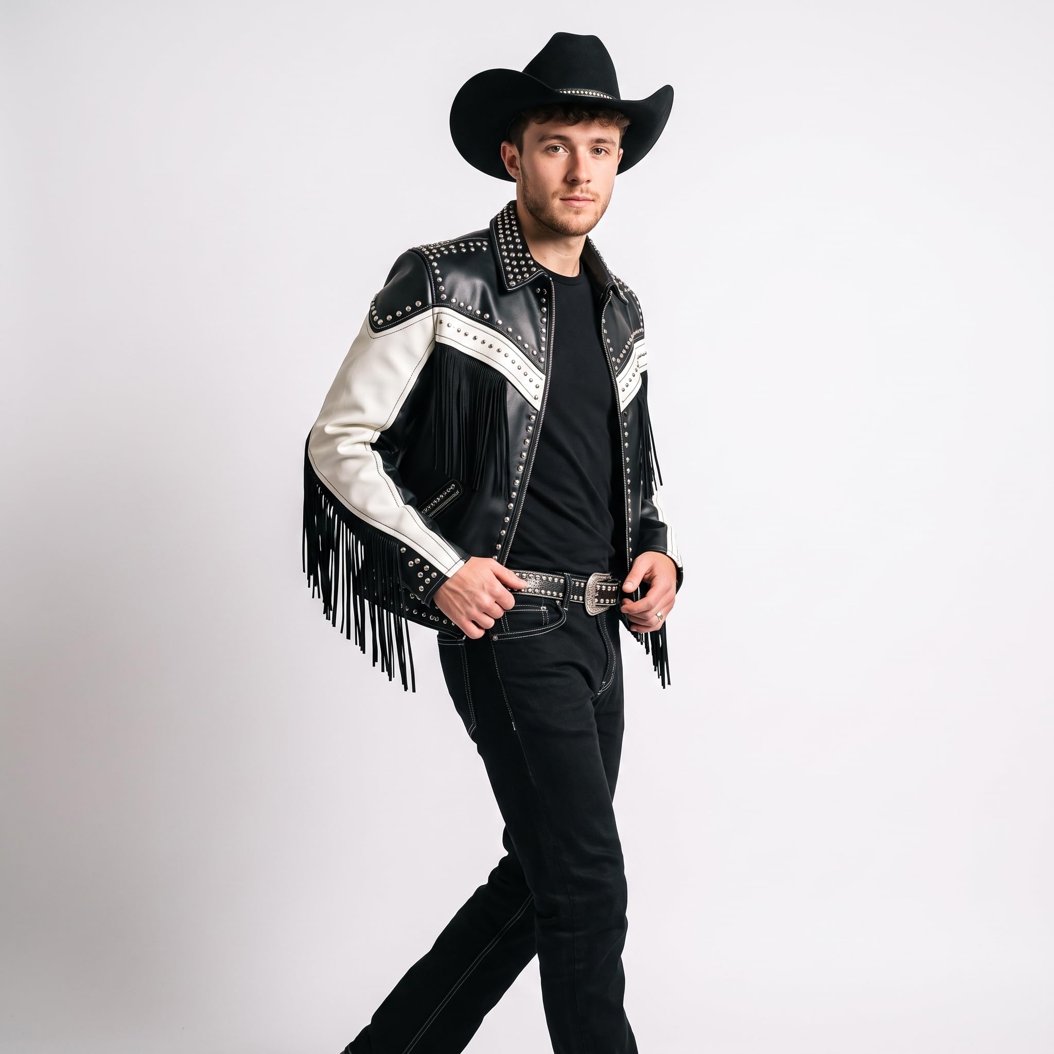Handmade Western Fringe Leather Jacket: Studded Cowboy Biker Coat