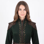 Women's Dark Green Elven Ranger Coat with Leather Accents and Embroidery