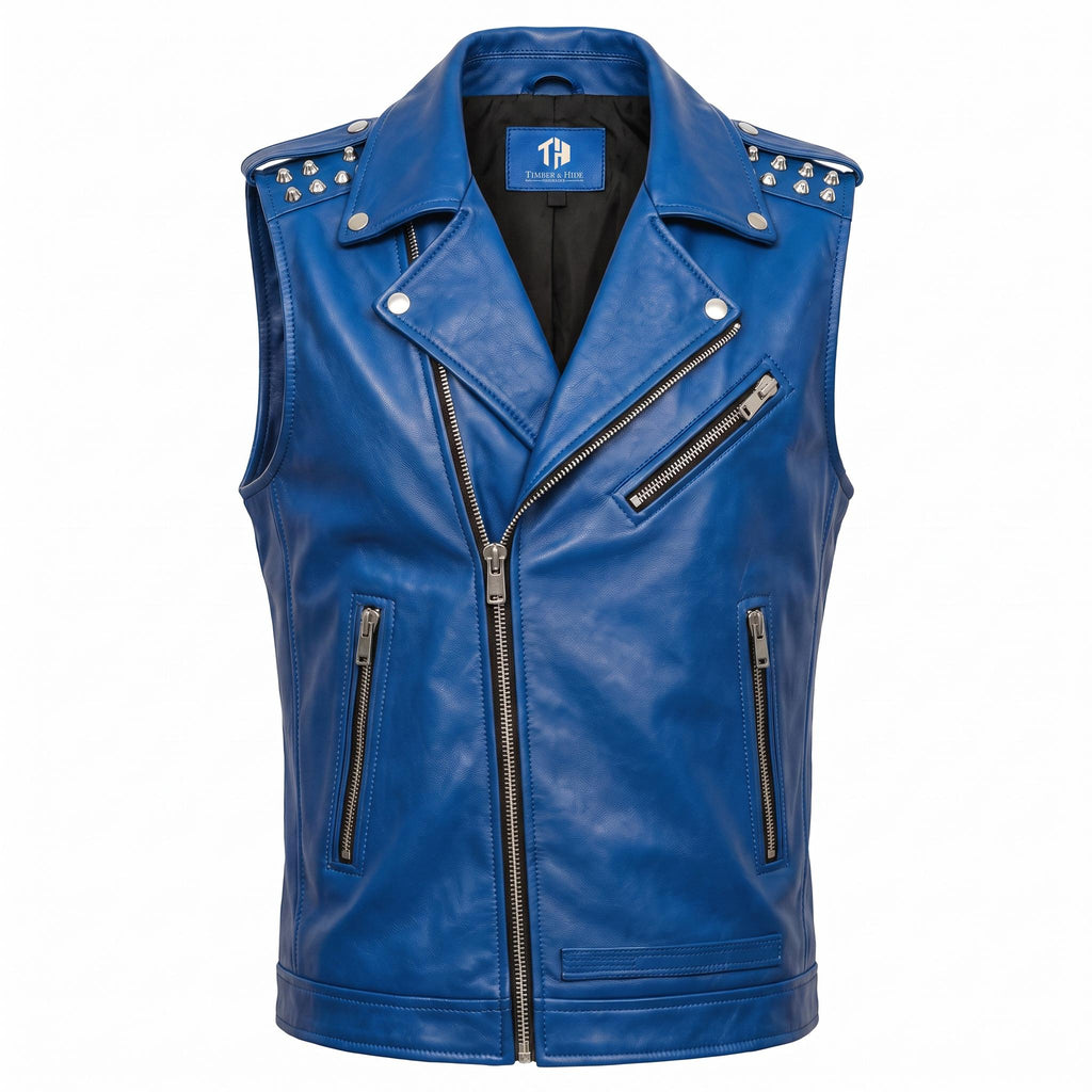 Men's Genuine Leather Biker Vest – Studded Double Rider Motorcycle Jacket