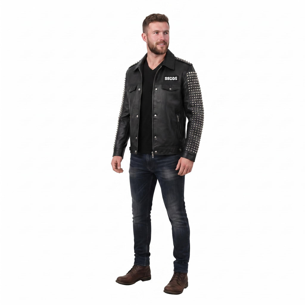 Timber&Hide Handmade Studded Leather Biker Jacket: Punk Rock Gothic Patchwork | Halloween Costume