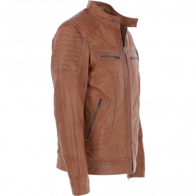 Men's Black Leather Biker Jacket with Zip Front, Multiple Pockets