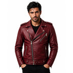 Motorhead Inspired Burgundy Leather Biker Jacket with Skull Print
