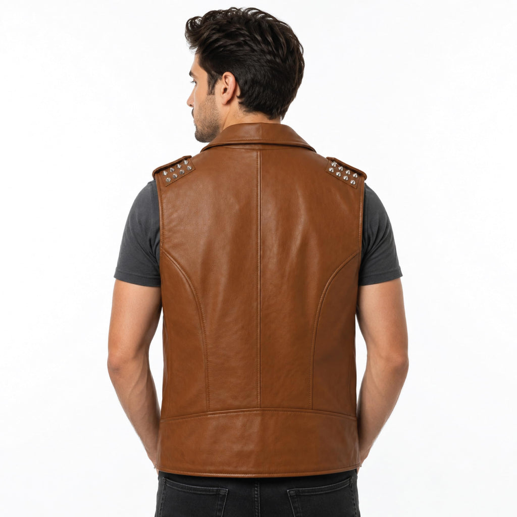 Timber&Hide Men's Genuine Leather Motorcycle Biker Vest – Classic Double Rider Style with Studded Shoulders