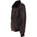 Premium Leather Aviator Jacket with Detachable Collar Black/Cream