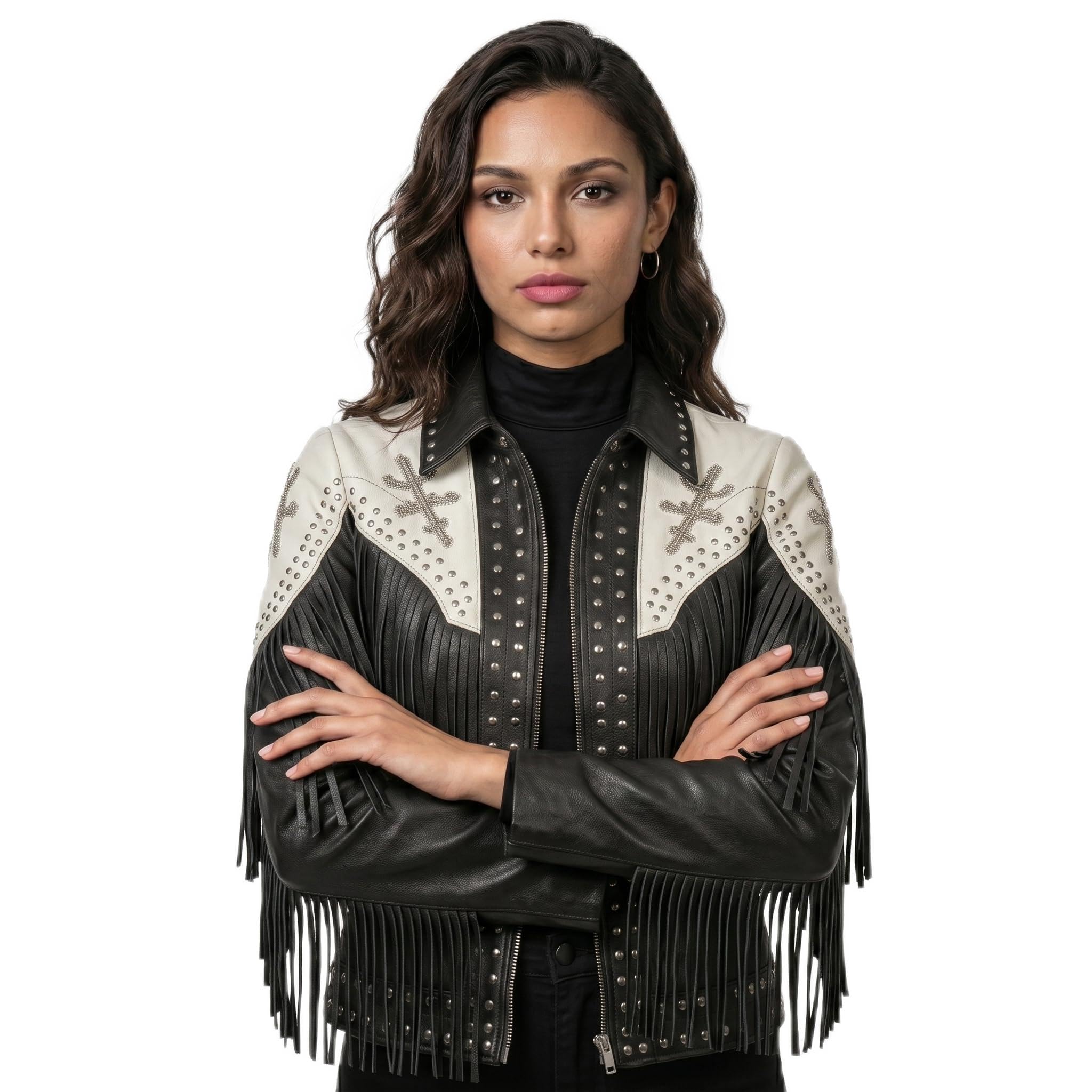Timber&Hide Handmade Western Fringe Leather Jacket: Studded Cowgirl Rodeo Style | cowgirl leatherwear