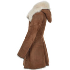 Timber&Hide Hooded Toscana Coat Brown with Shearling Trim – Women Toscano Sheepskin Jacket in Toscano Leather
