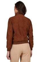 Faty Tan Suede Leather Bomber Jacket with Button Closure – Women's Classic Suede Jacket
