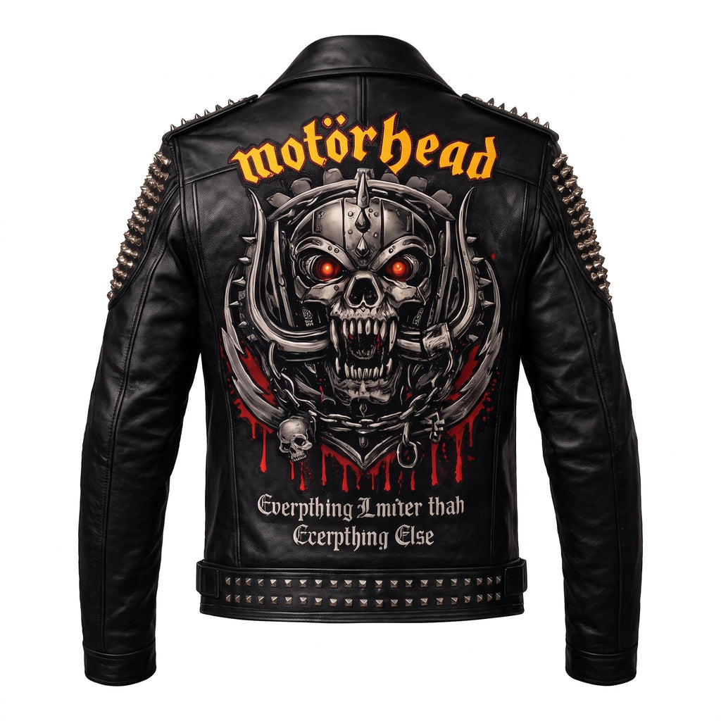 Timber&Hide Men's Crimson red Leather Biker Jacket | Studded Punk Rock Demon Skull Design