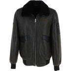 Premium Leather Aviator Jacket with Detachable Collar Black/Cream