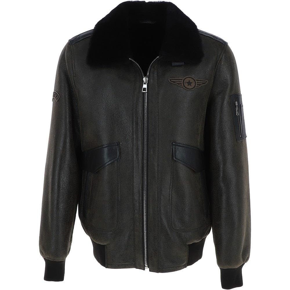 Premium Leather Aviator Jacket with Detachable Collar Black/Cream
