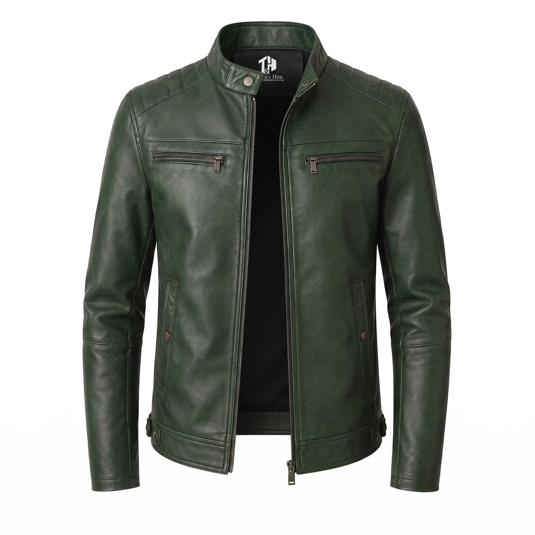 Men's Skull Motorcycle Leather Jacket, Biker Rider Coat, Gothic Punk Streetwear Green