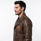 Road King Vintage Leather Jacket - Winged Skull & "Ride to Live" Biker Design