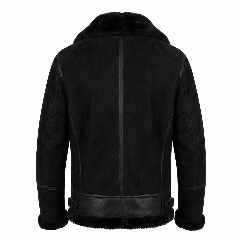 Timber&Hide Black Suede Lamb Shearling Biker Jacket with Buckle Collar – Premium Suede Shearling Jacket