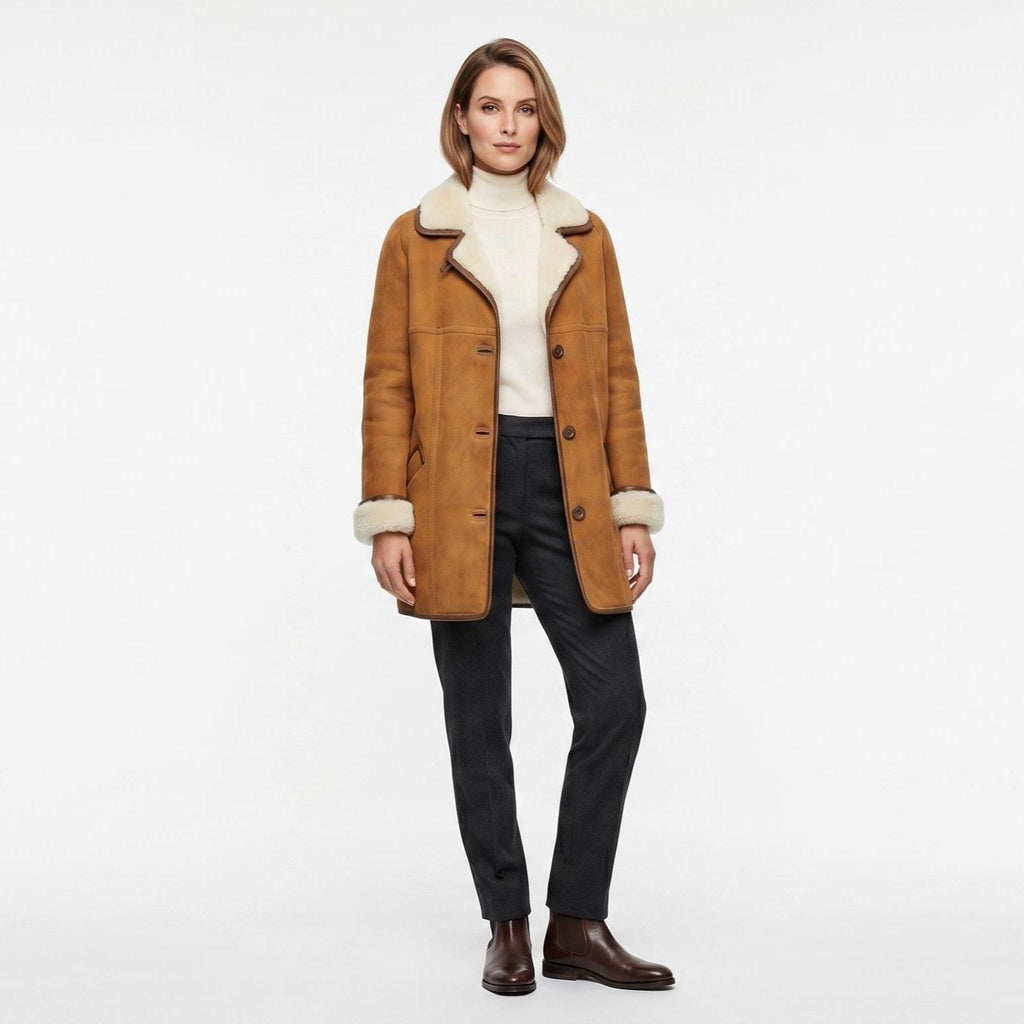 Women's Suede Leather Shearling Coat: Penny Lane Style Winter Jacket
