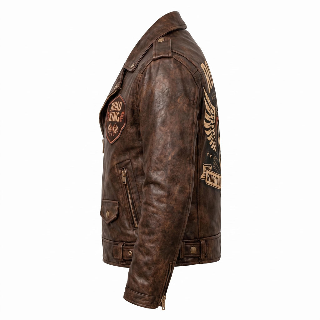 Road King Vintage Leather Jacket - Winged Skull & "Ride to Live" Biker Design