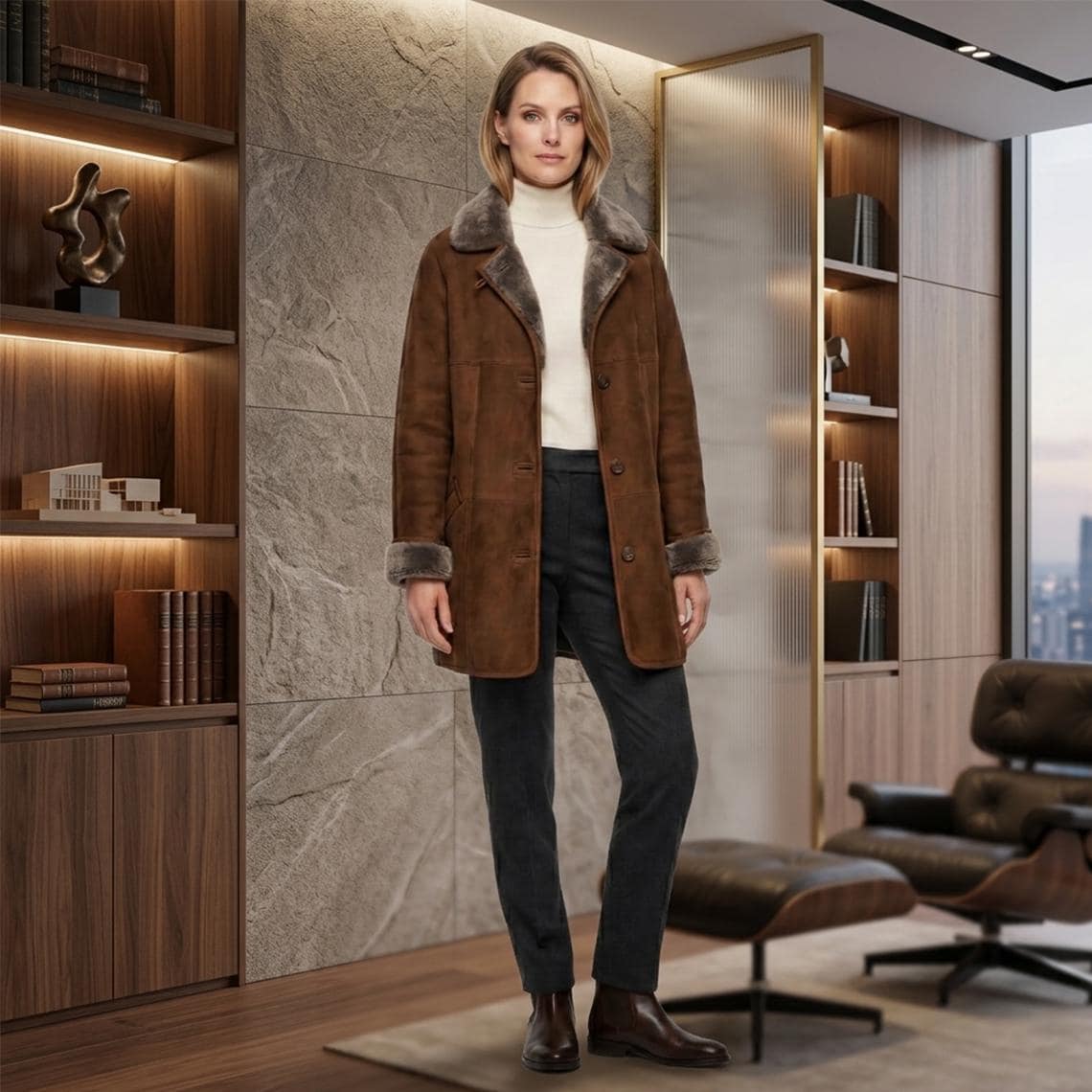 Women's Suede Leather Shearling Coat: Penny Lane Style Winter Jacket