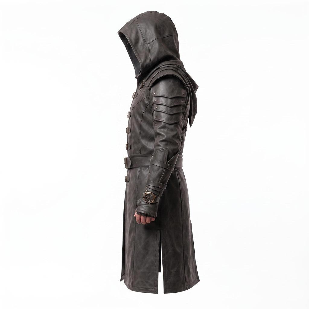 Men's Hooded Leather Assassin Coat | Medieval Ranger Trench LARP Cosplay Jacket