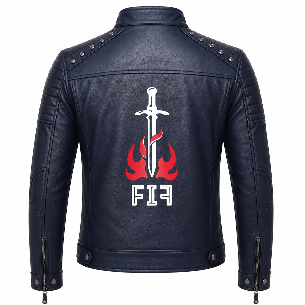 Brown Leather Biker Jacket with Sword Flame Graphic – Moto Punk Streetwear Coat