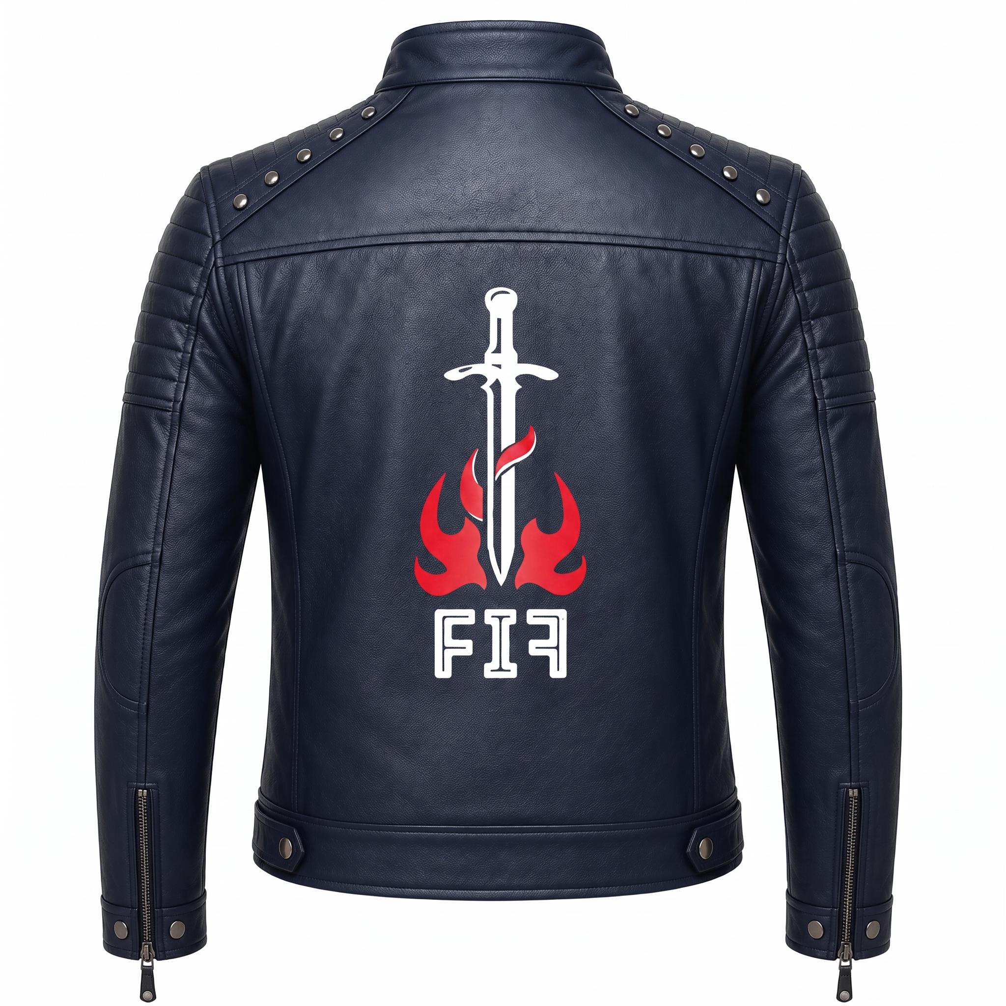 Brown Leather Biker Jacket with Sword Flame Graphic – Moto Punk Streetwear Coat