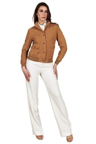 Faty Tan Suede Leather Bomber Jacket with Button Closure – Women's Classic Suede Jacket