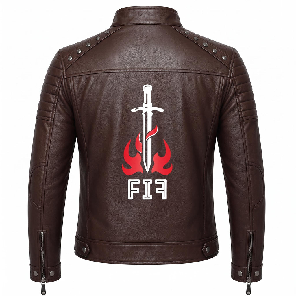 Brown Leather Biker Jacket with Sword Flame Graphic – Moto Punk Streetwear Coat