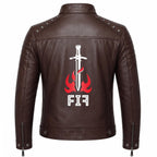 Brown Leather Biker Jacket with Sword Flame Graphic – Moto Punk Streetwear Coat