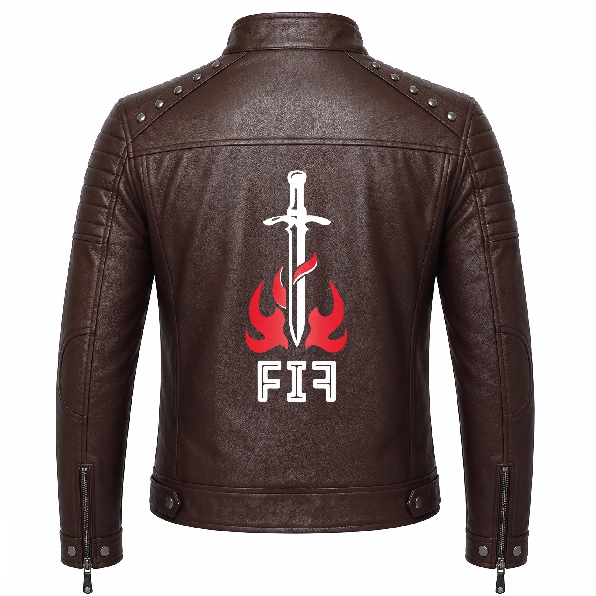 Brown Leather Biker Jacket with Sword Flame Graphic – Moto Punk Streetwear Coat